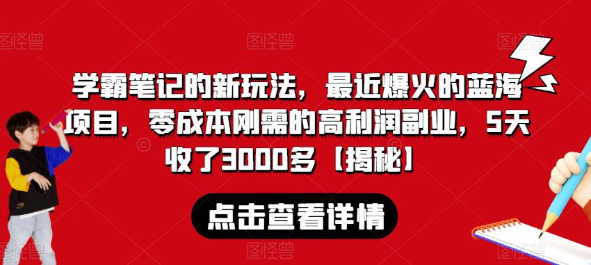 学霸笔记的新玩法，最近爆火的蓝海项目，零成本刚需的高利润副业，5天收了3000多【揭秘】-如意资源库