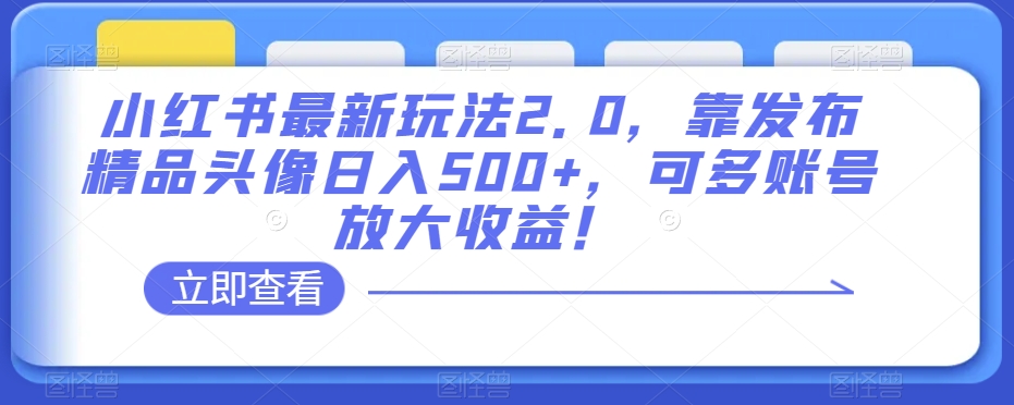 小红书最新玩法2.0，靠发布精品头像日入500+，可多账号放大收益！【揭秘】-如意资源库