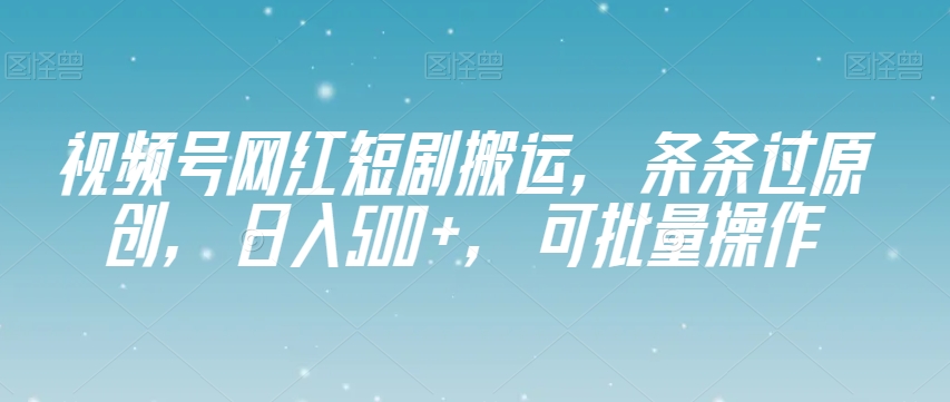 视频号网红短剧搬运，条条过原创，日入500+，可批量操作【揭秘】-如意资源库