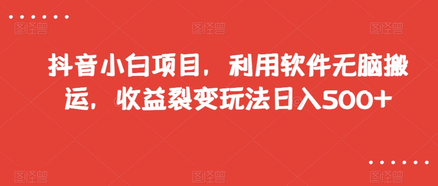 抖音小白项目，利用软件无脑搬运，收益裂变玩法日入500+【揭秘】-如意资源库