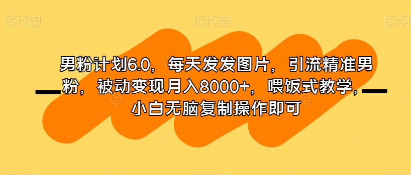 男粉计划6.0，每天发发图片，引流精准男粉，被动变现月入8000+，喂饭式教学，小白无脑复制操作即可-如意资源库