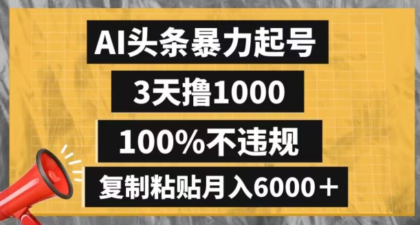 AI头条暴力起号，3天撸1000,100%不违规，复制粘贴月入6000＋【揭秘】-如意资源库