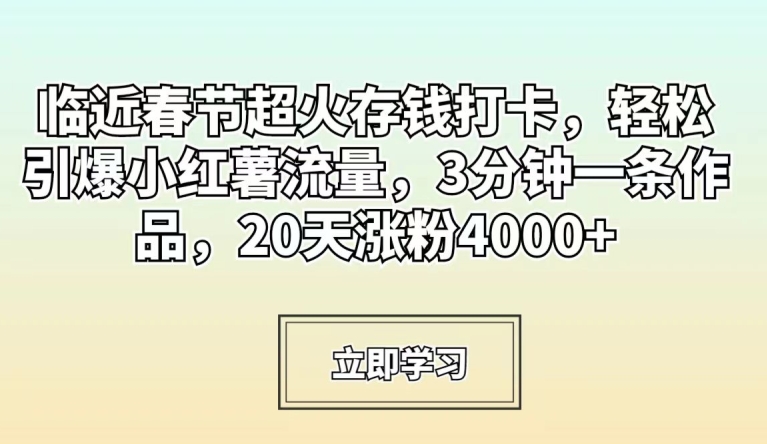 临近春节超火存钱打卡，轻松引爆小红薯流量，3分钟一条作品，20天涨粉4000+【揭秘】-如意资源库