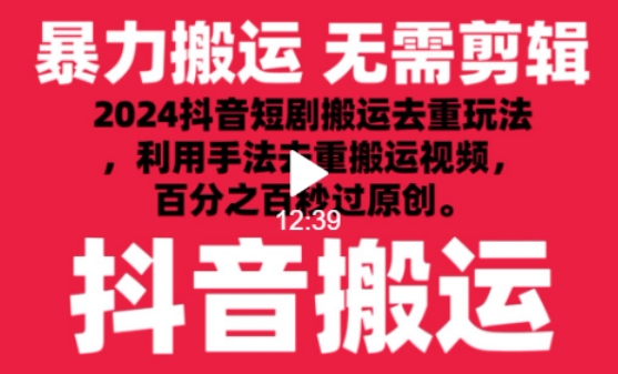 2024最新抖音搬运技术，抖音短剧视频去重，手法搬运，利用工具去重，达到秒过原创的效果【揭秘】-如意资源库