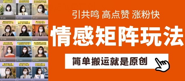 简单搬运，情感矩阵玩法，涨粉速度快，可带货，可起号【揭秘】-如意资源库