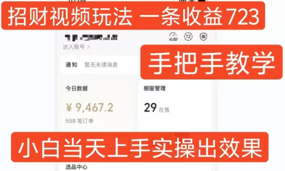 招财视频玩法，一条视频收益723，手把手教学，小白当天可上手-如意资源库