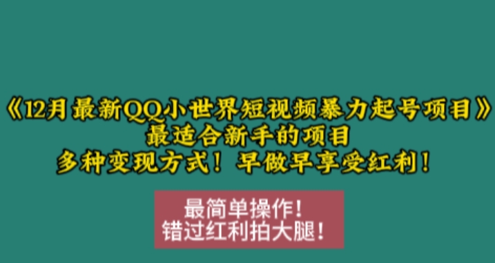 12月最新QQ小世界短视频暴力起号项目，最适合新手的项目，多种变现方式-如意资源库