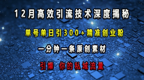 最新高效引流技术深度揭秘 ，单号单日引300+精准创业粉，一分钟一条原创素材，引爆你的私域流量-如意资源库