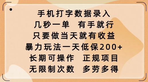 手机打字数据录入，几秒一单，有手就行，只要做当天就有收益，暴力玩法一天低保2张-如意资源库