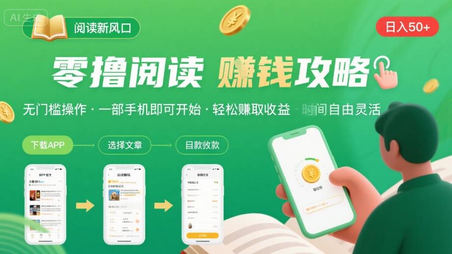 零撸阅读新风口，无门槛轻松挣，一部手机，日入 50-3张【揭秘】-如意资源库