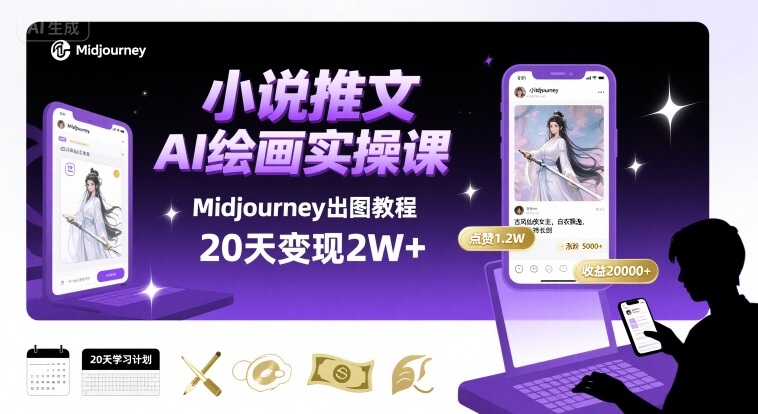 小说推文干货分享之AI绘画MJ出图实操课，用Midjourney做小说推文，20天挣2w-如意资源库