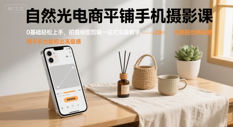 自然光电商平铺手机摄影课，0基础轻松上手，拍摄修图剪辑一站式实操教学，用手机也能拍出高级感-如意资源库