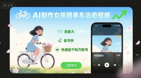 AI制作女孩骑单车治愈视频，流量大，起号快，快速起千粉万粉号-如意资源库
