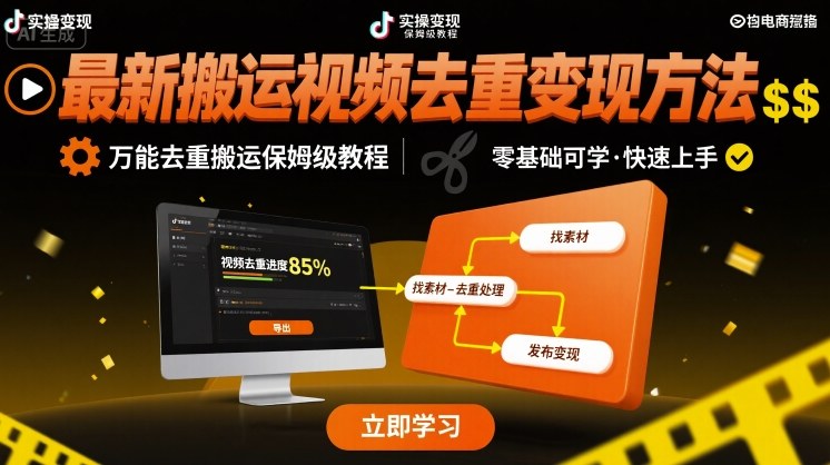 最新搬运视频去重变现方法，万能去重搬运保姆级教程-如意资源库