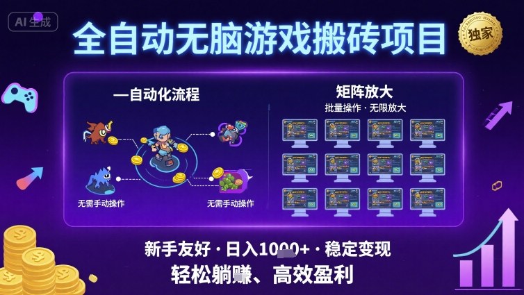 全自动无脑游戏搬砖项目，独家玩法，可批量矩阵无限放大，新手也能轻松日入1k+【揭秘】-如意资源库