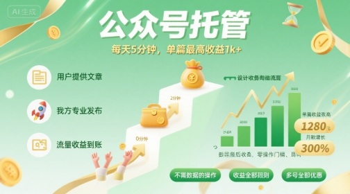 【公众号托管 】我提供文章，你发布，每天5分钟，单篇最高收益1k+【揭秘】-如意资源库
