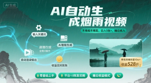 不用拍不用剪！AI自动生成烟雨视频，日入5张+，睡后收入-如意资源库
