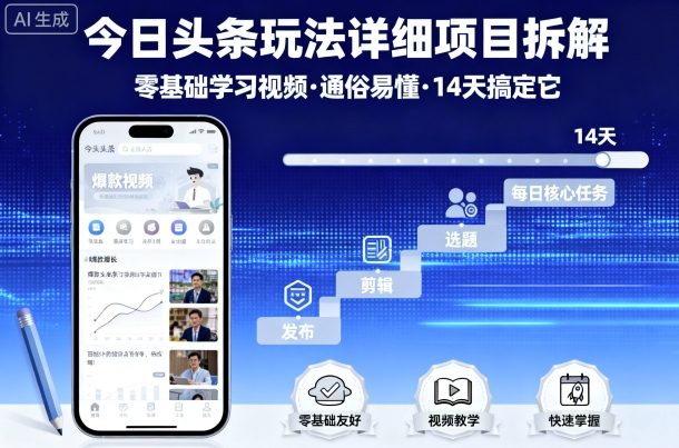 今日头条玩法详细项目拆解，零基础学习视频 通俗易懂 14天搞定它-如意资源库