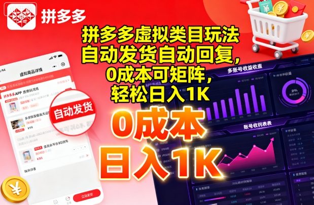 拼多多虚拟类目玩法，自动发货自动回复，0成本可矩阵，轻松日入1K【揭秘】-如意资源库