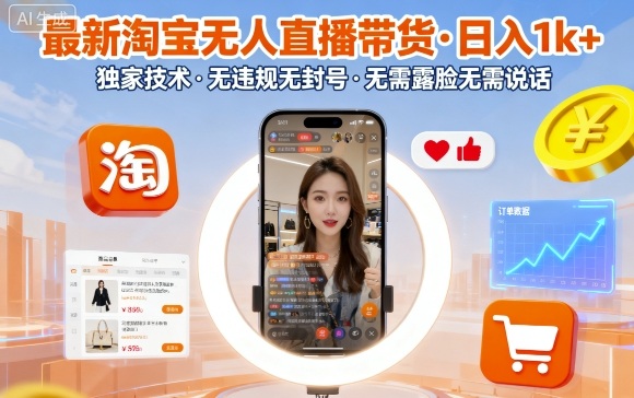 最新淘宝无人直播带货，日入1k+，独家技术，无违规无封号，无需露脸无需说话【揭秘】-如意资源库
