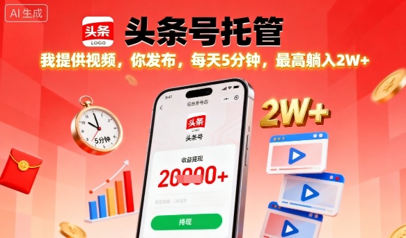 【头条号托管】我提供视频，你发布，每天5分钟，最高躺入2W+【揭秘】-如意资源库