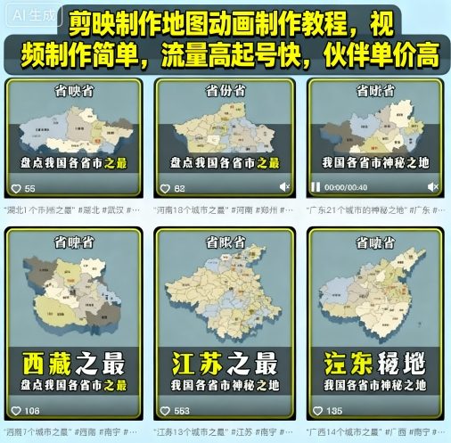 剪映制作地图动画制作教程，视频制作简单，流量高起号快，伙伴单价高-如意资源库