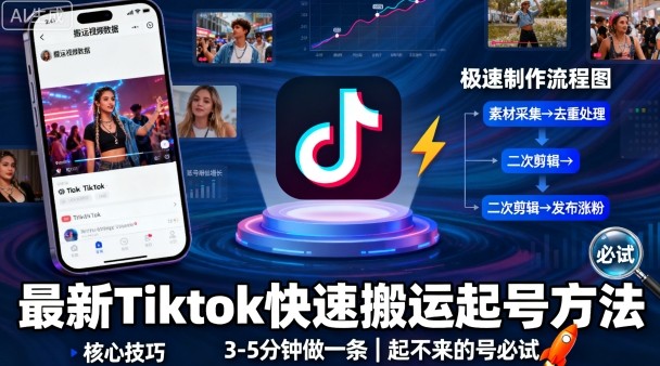 最新Tiktok快速搬运快速起号方法，3-5分钟做一条，起不来的号可以试试-如意资源库