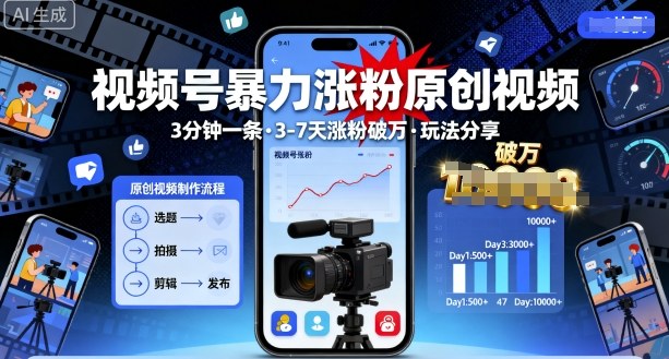 视频号暴力涨粉原创视频，3分钟一条原创视频，3-7天涨粉破万，玩法分享给你-如意资源库