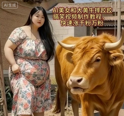 AI美女和大黄牛摔跤搞笑荒诞视频制作教程，快速涨千粉万粉-如意资源库