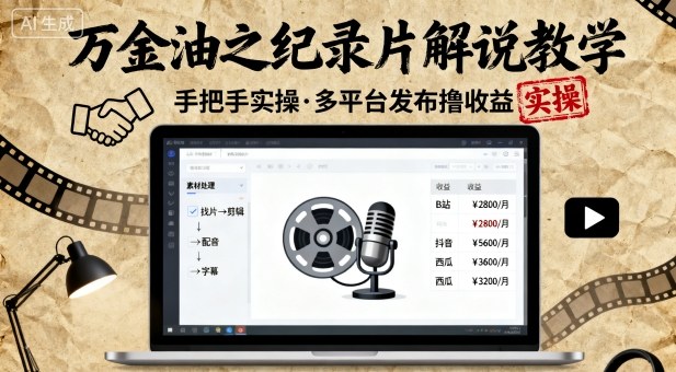 万金油之纪录片解说教学，手把手教你，完全实操，多平台发布撸收益-如意资源库
