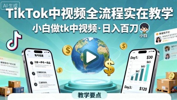 TikTok中视频全流程实操教学，小白做tk中视频，日入百刀-如意资源库