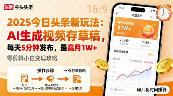 2025年今日头条躺賺新玩法，AI生成视频存草稿，每天5分钟发布，最高月1W+【揭秘】-如意资源库