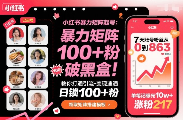 小红书暴力矩阵起号，教你打通引流-变现速通，日锁100+粉，破流量黑盒-如意资源库