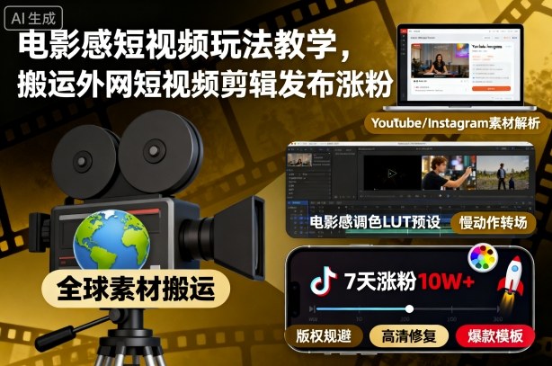 电影感短视频玩法教学，搬运外网短视频剪辑发布涨粉-如意资源库