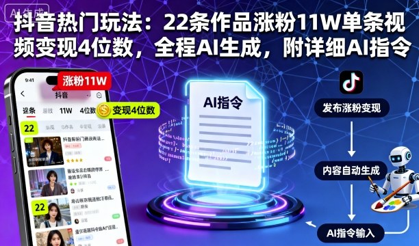 抖音热门玩法：22条作品涨粉11W单条视频变现4位数，全程AI生成，附详细AI指令-如意资源库