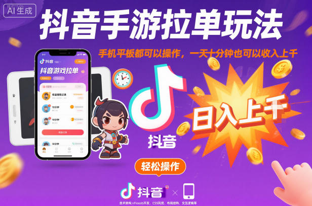 抖音手游拉单玩法，手机平板都可以操作，一天十分钟也可以收入上K【揭秘】-如意资源库