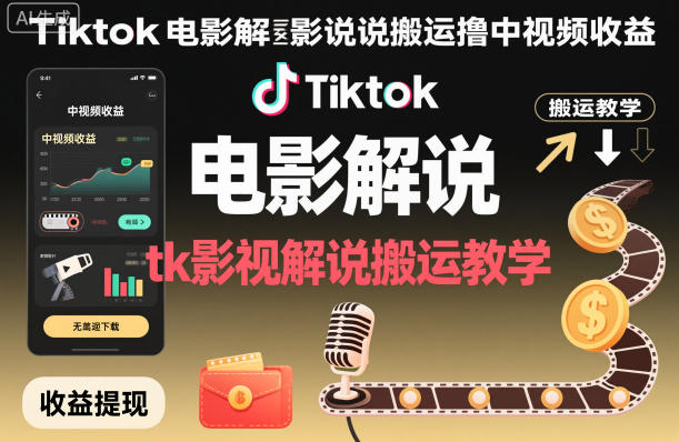 Tiktok电影解说搬运撸中视频收益，tk影视解说搬运教学-如意资源库