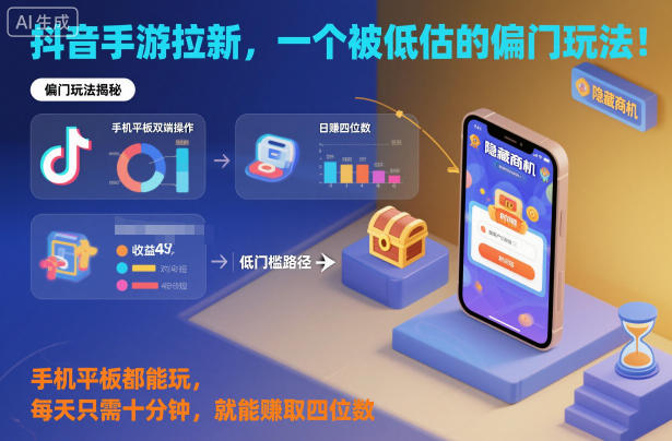 抖音手游拉新，一个被低估的偏门玩法！手机平板都能玩，每天只需十分钟，就能賺取四位数【揭秘】-如意资源库