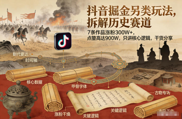 抖音掘金另类玩法，拆解历史赛道，7条作品涨粉300W+，点赞量高达900W，只讲核心逻辑，干货分享-如意资源库