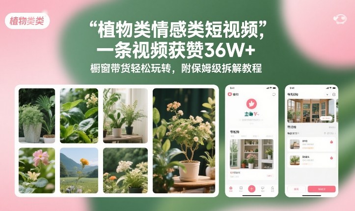植物类情感类短视频，一条视频获赞36W+，橱窗带货轻松玩转，附保姆级拆解教程-如意资源库