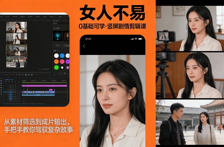 0基础可学！《女人不易》竖屏剧情剪辑课，从素材筛选到成片输出，手把手教你驾驭复杂故事-如意资源库