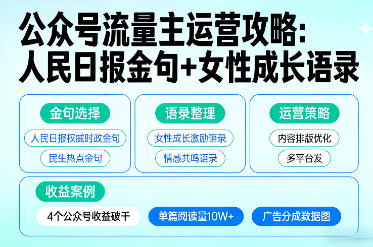 利用人民日报金句+女性成长语录做公众号流量主，4个公众号收益破千-如意资源库