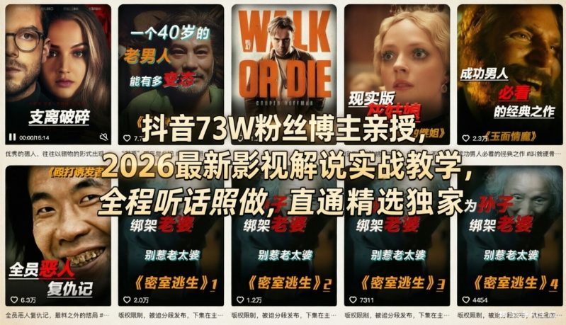 抖音73W粉丝博主亲授，2026最新影视解说实战教学，全程听话照做，直通精选独家-如意资源库