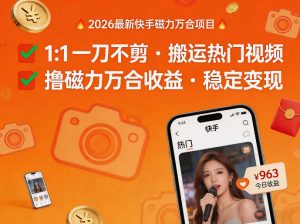 2026年最新快手磁力万合项目，1比1一刀不剪搬运热门视频，撸磁力万合收益-如意资源库