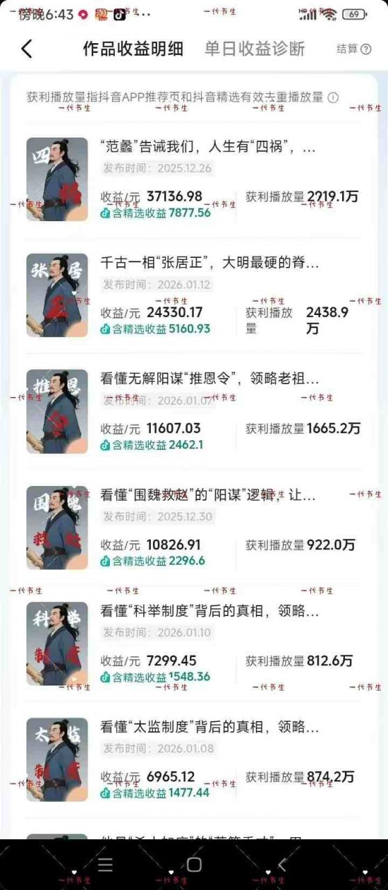 抖音300w粉丝博主的政史类科普视频教学，有大流量扶持，拿伙伴伙伴+精选独家双份收益-如意资源库