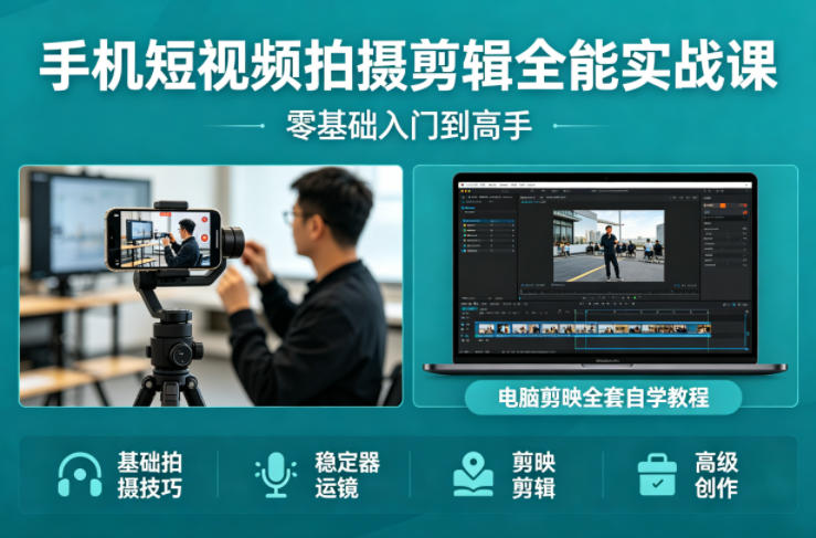 手机短视频拍摄剪辑全能实战课：零基础入门到高手，稳定器运镜+电脑剪映全套自学教程-如意资源库