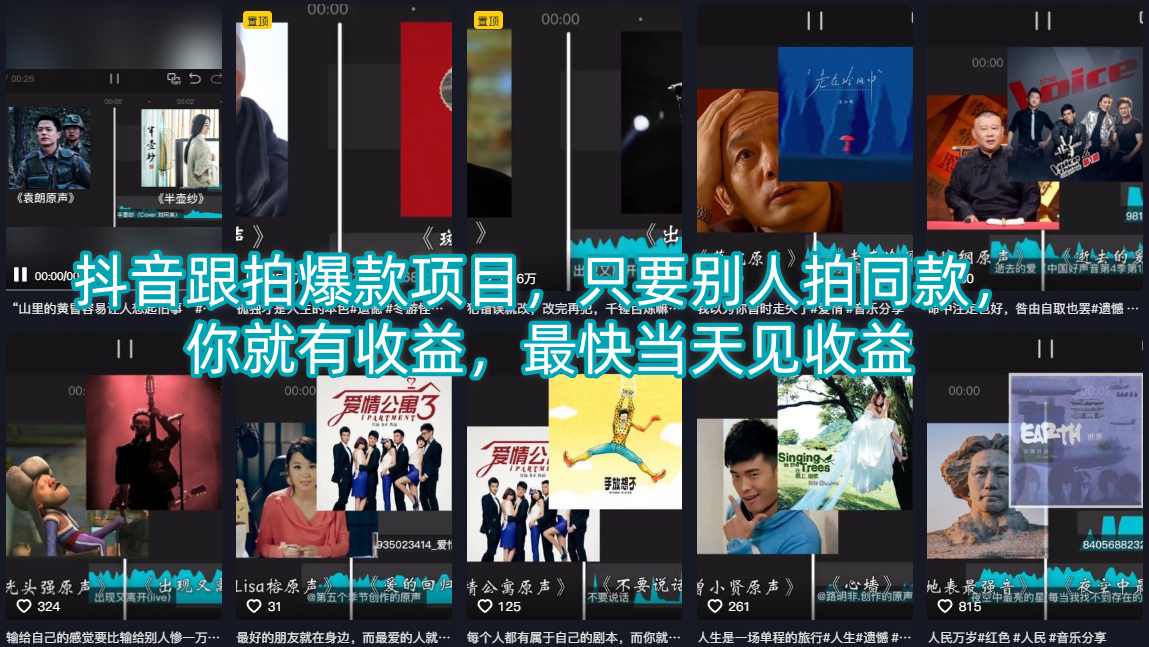 抖音跟拍爆款项目，只要别人拍同款，你就有收益，最快当天见收益-如意资源库