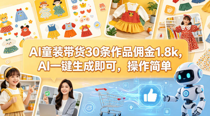 AI童装带货30条作品佣金1.8k，AI一键生成即可，操作简单-如意资源库