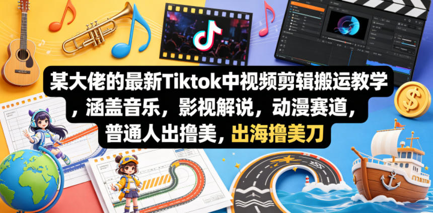 某大佬的最新Tiktok中视频剪辑搬运教学，涵盖音乐，影视解说，动漫赛道，普通人出海撸美刀-如意资源库
