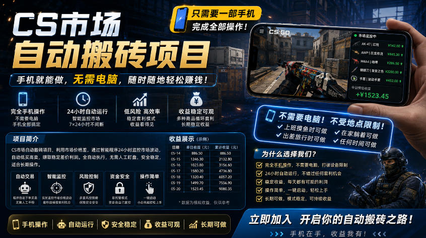 手机即可操作的CS市场自动搬砖系统｜自动监控｜自动下单|日入300+【揭秘】-如意资源库